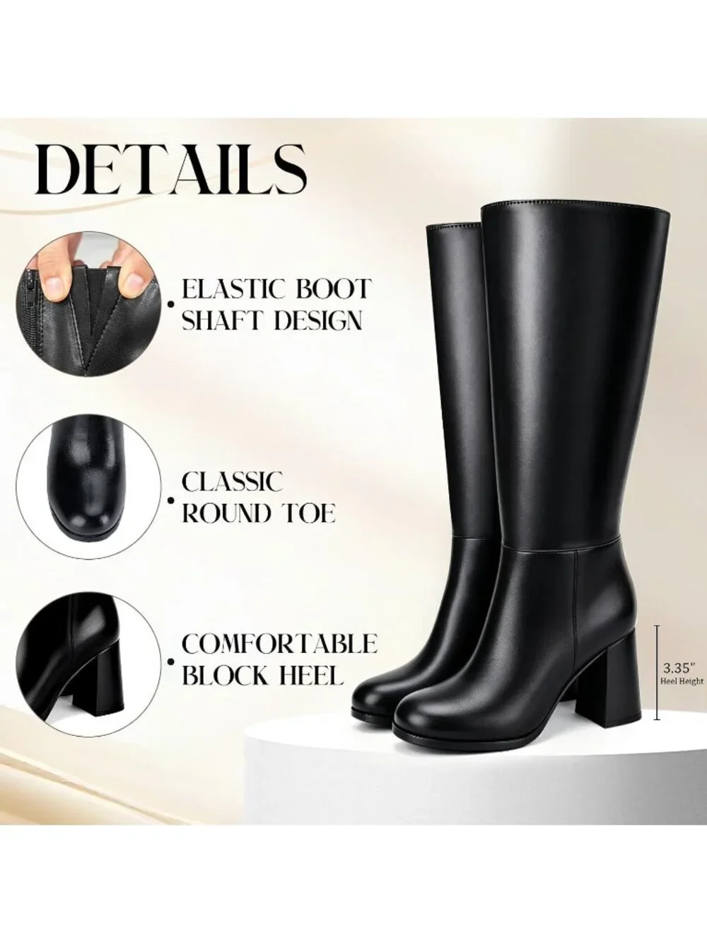 Women's Black Round Toe 3.35 Inch Chunky Block Heel Slouchy Knee High Boots